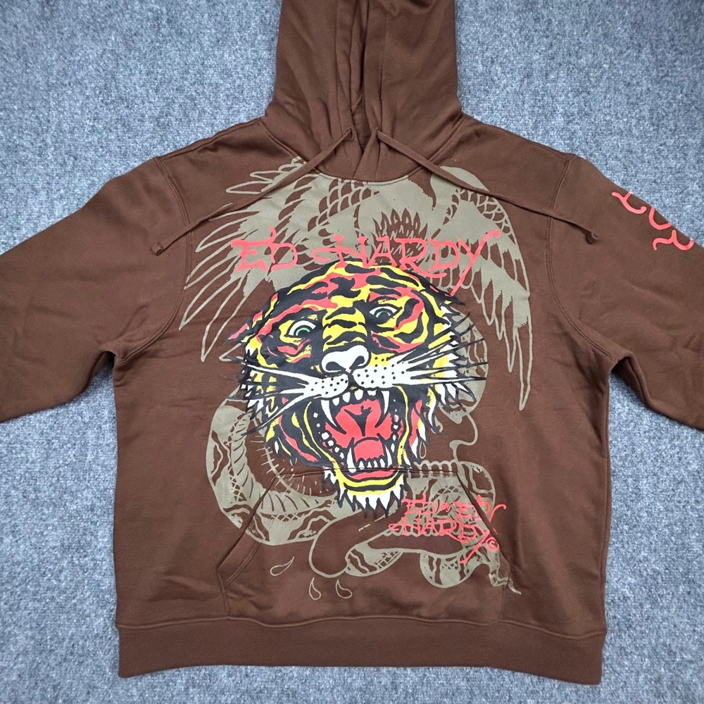 Ed Hardy Hoodie Mens XL Brown Graphic Los Angeles Pullover Sweatshirt Streetwear